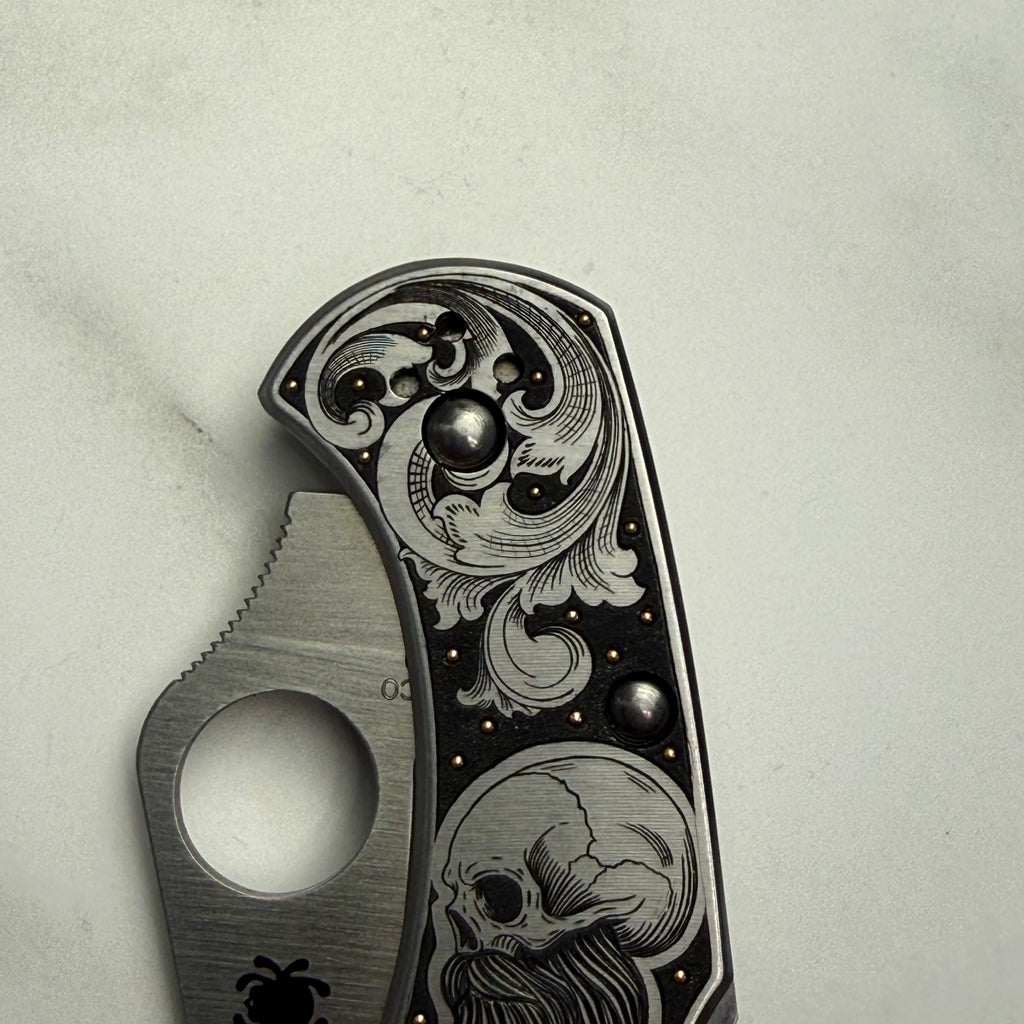 Custom 1-of-1 Hand Engraved Spyderco — American Scroll, 24K Gold & Bearded Skull Portrait