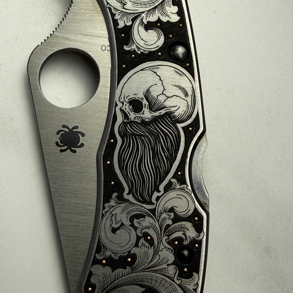 Custom 1-of-1 Hand Engraved Spyderco — American Scroll, 24K Gold & Bearded Skull Portrait