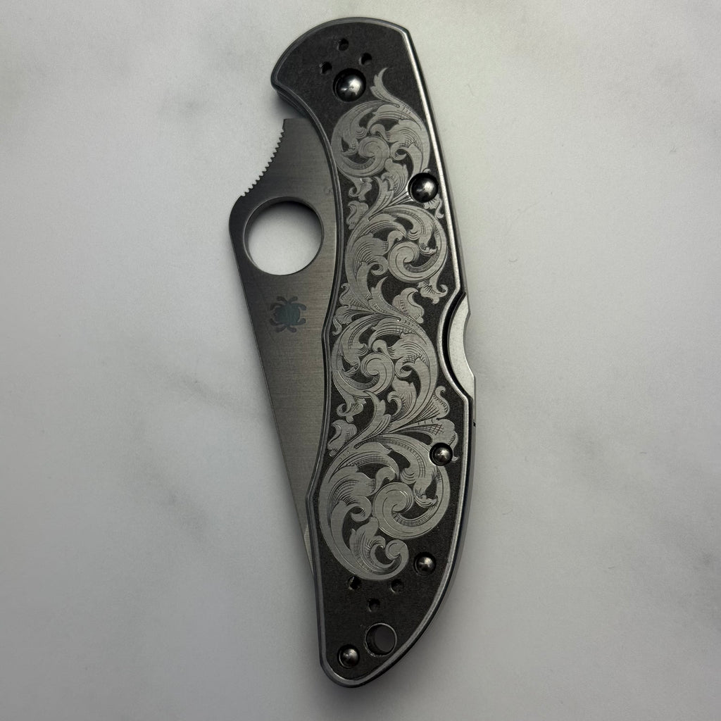 Custom 1-of-1 Hand Engraved Spyderco — American Scroll on Scales
