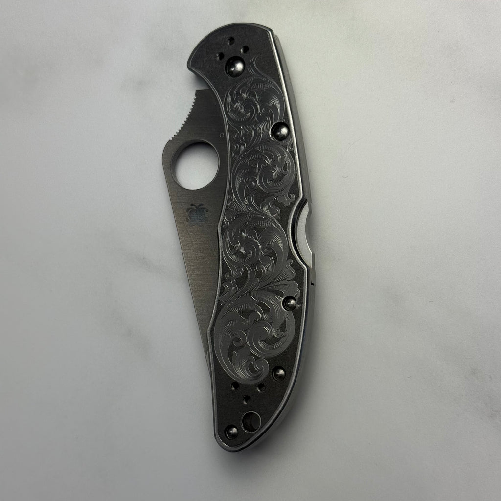Custom 1-of-1 Hand Engraved Spyderco — American Scroll on Scales
