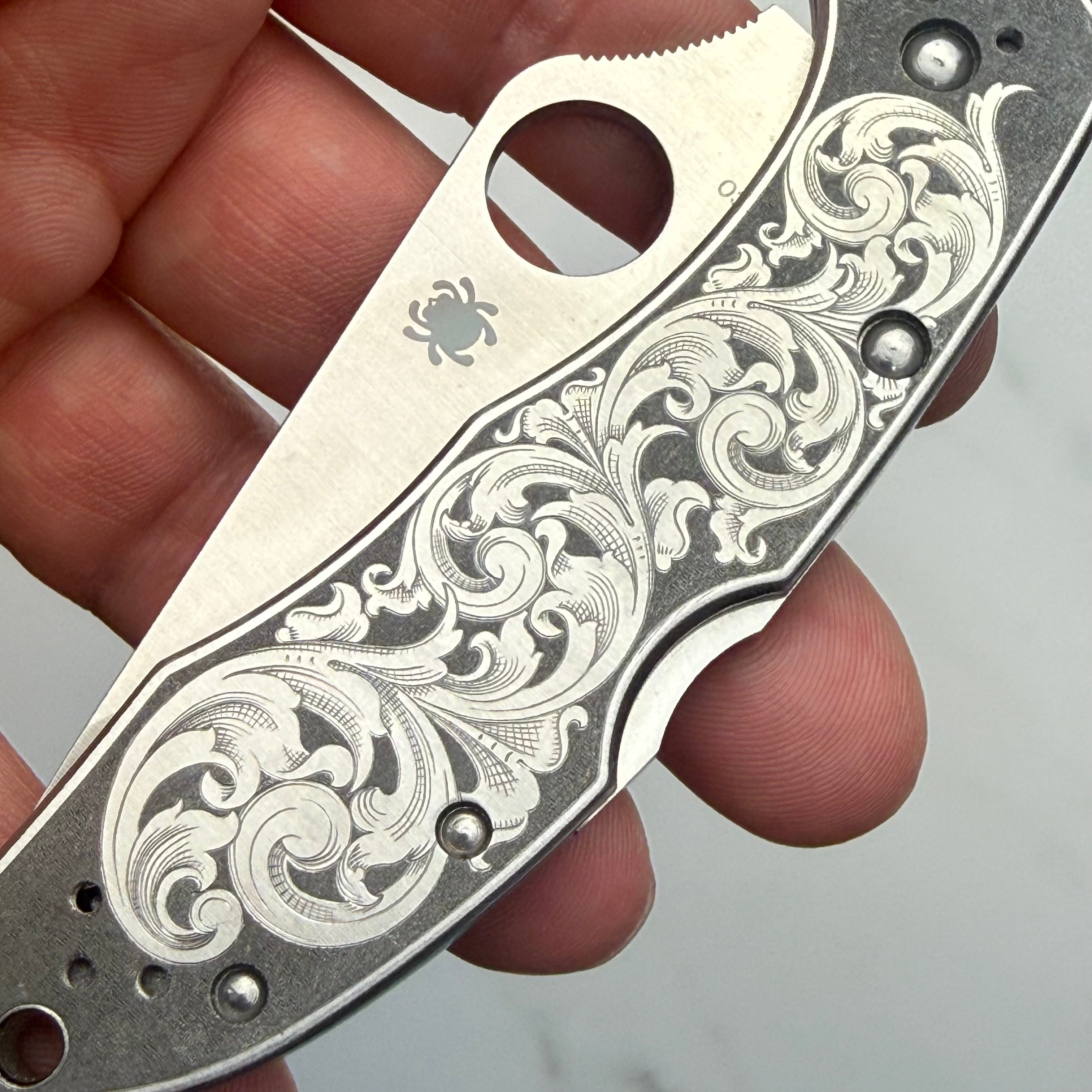 Custom 1-of-1 Hand Engraved Spyderco — American Scroll on Scales