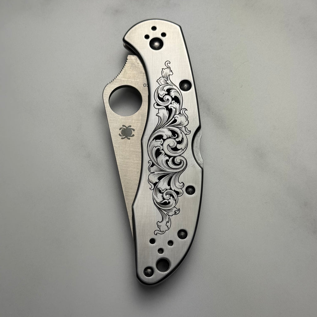 Custom 1-of-1 Hand Engraved Spyderco — American Scroll with Paint Fill