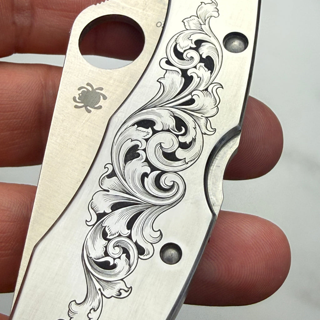 Custom 1-of-1 Hand Engraved Spyderco — American Scroll with Paint Fill