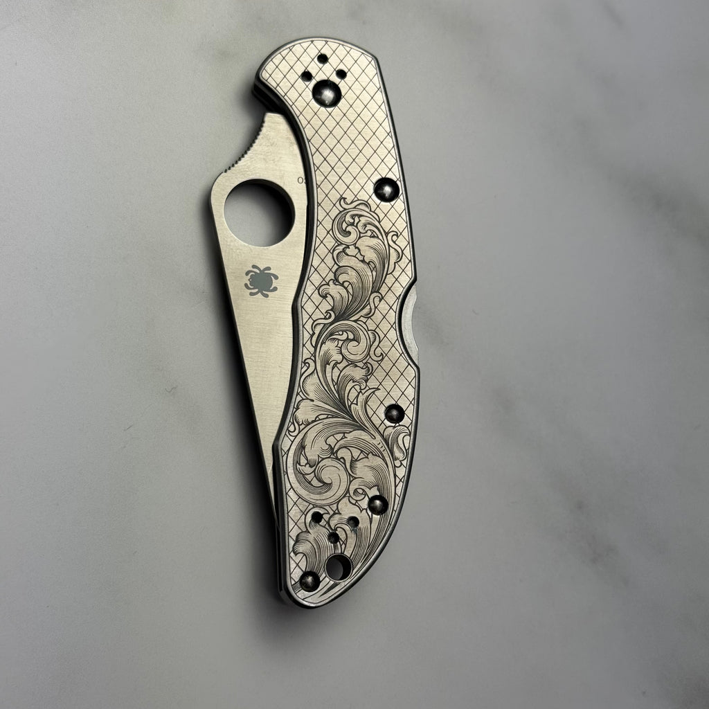 Custom 1-of-1 Hand Engraved Spyderco — Diamond Background with Rising American Scroll
