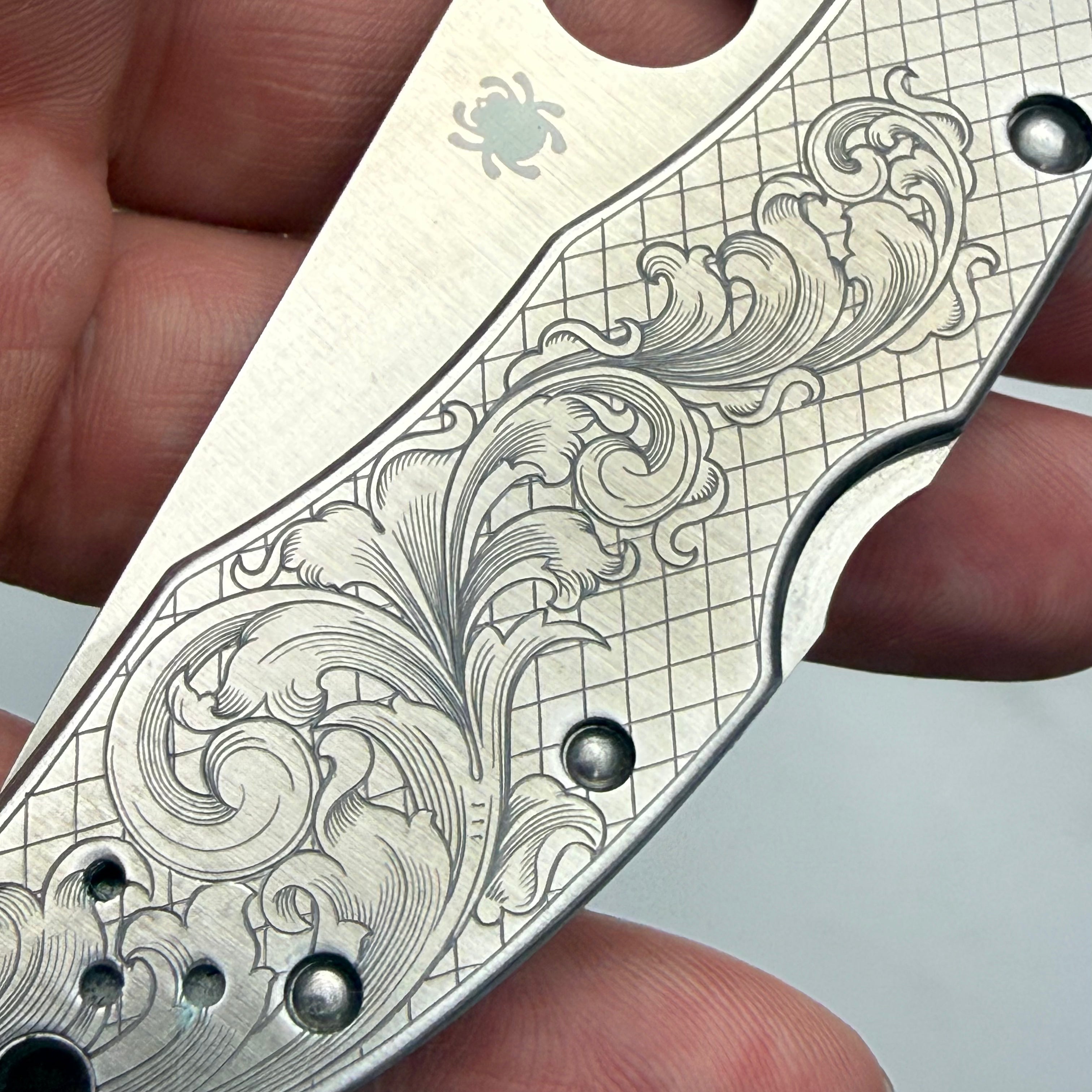 Custom 1-of-1 Hand Engraved Spyderco — Diamond Background with Rising American Scroll